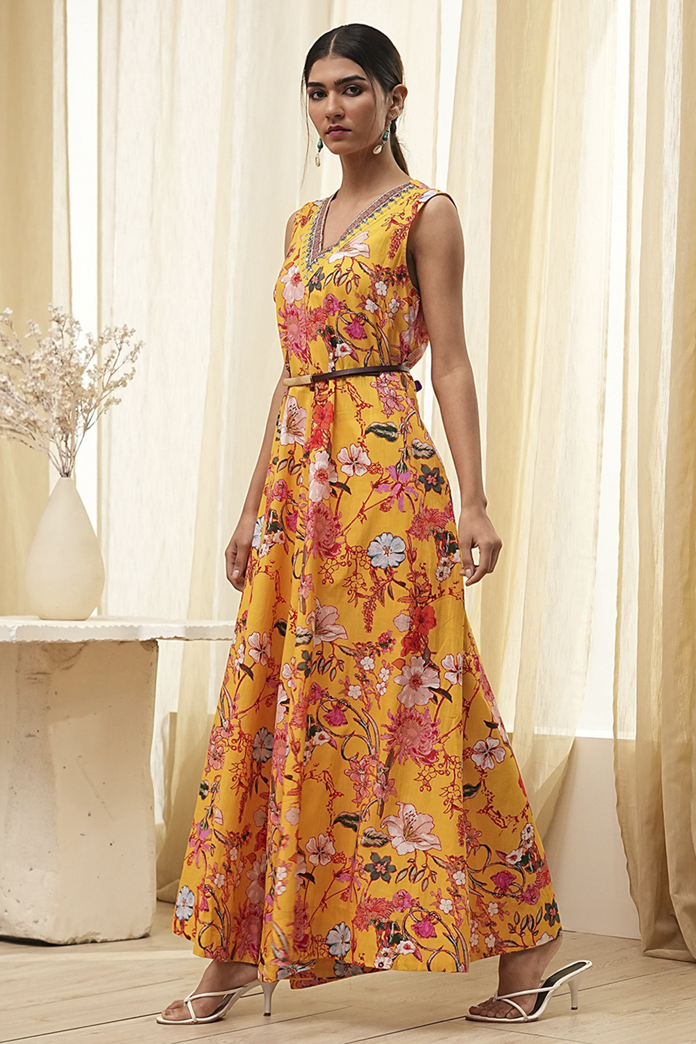 Yellow Cotton Floral Flared Jumpsuit image number 2