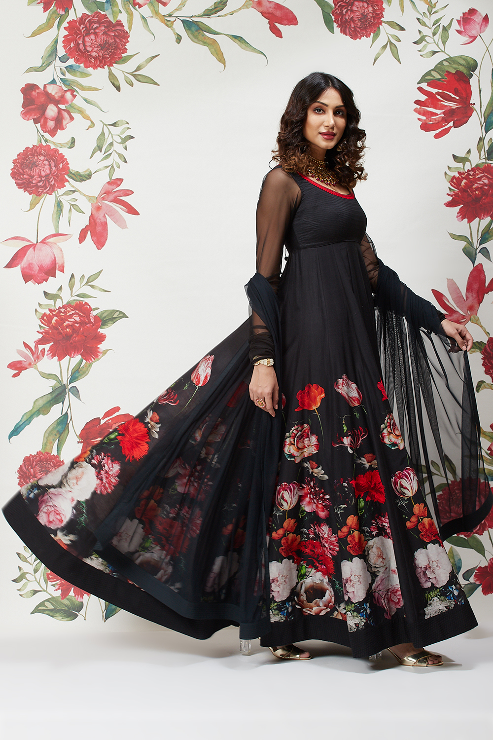 Rohit Bal Black Cotton Silk Anarkali Printed Suit image number 6