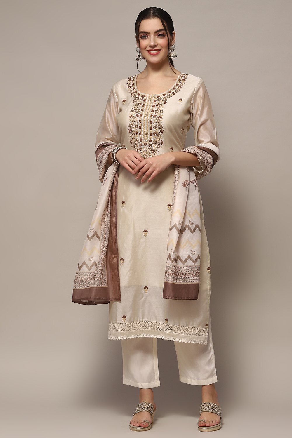 Off White Chanderi Blend Unstitched Suit set image number 8