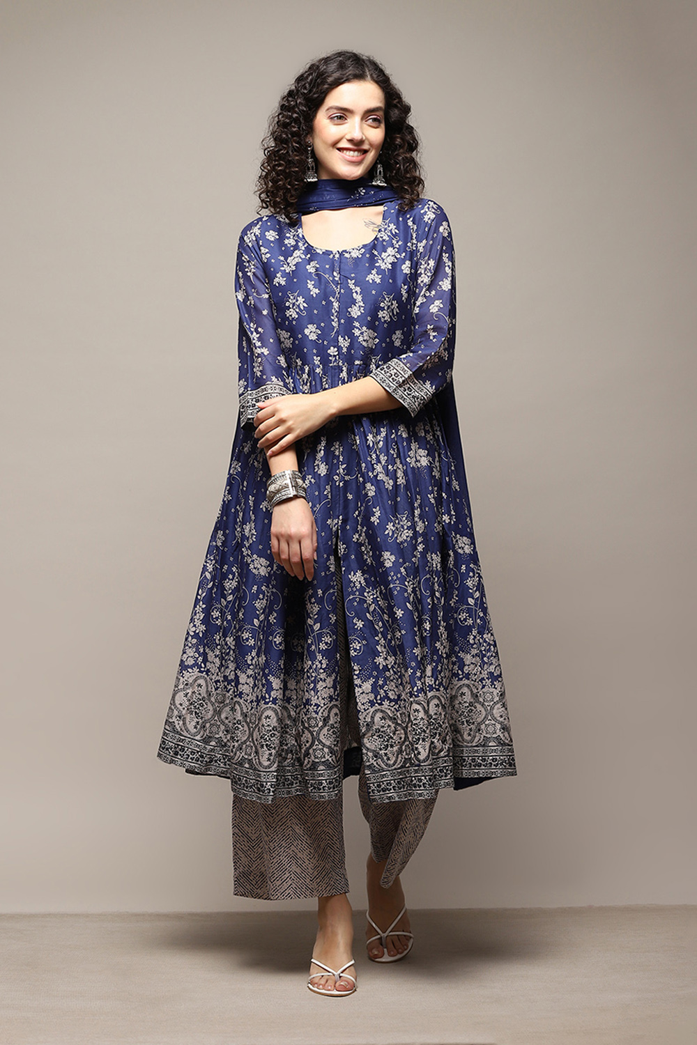 Blue Cotton Anarkali Kurta Palazzo Suit Set Kurta, Palazzo, Dupatta at ...