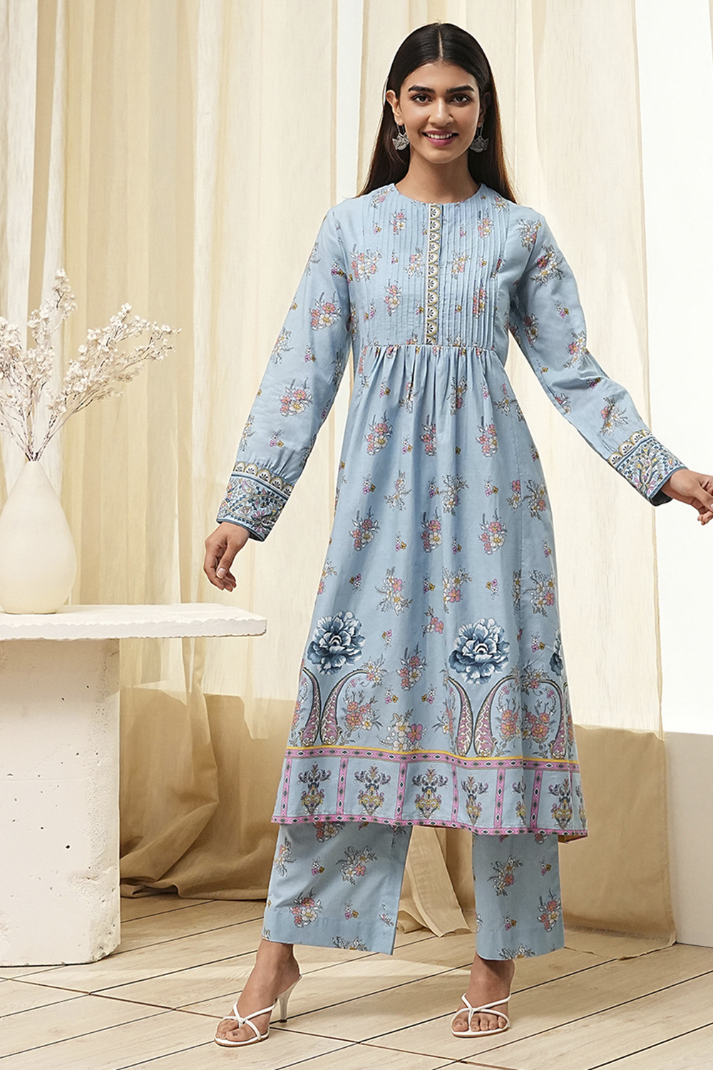 Dull Blue Cotton Flared Printed Fusion Set image number 6