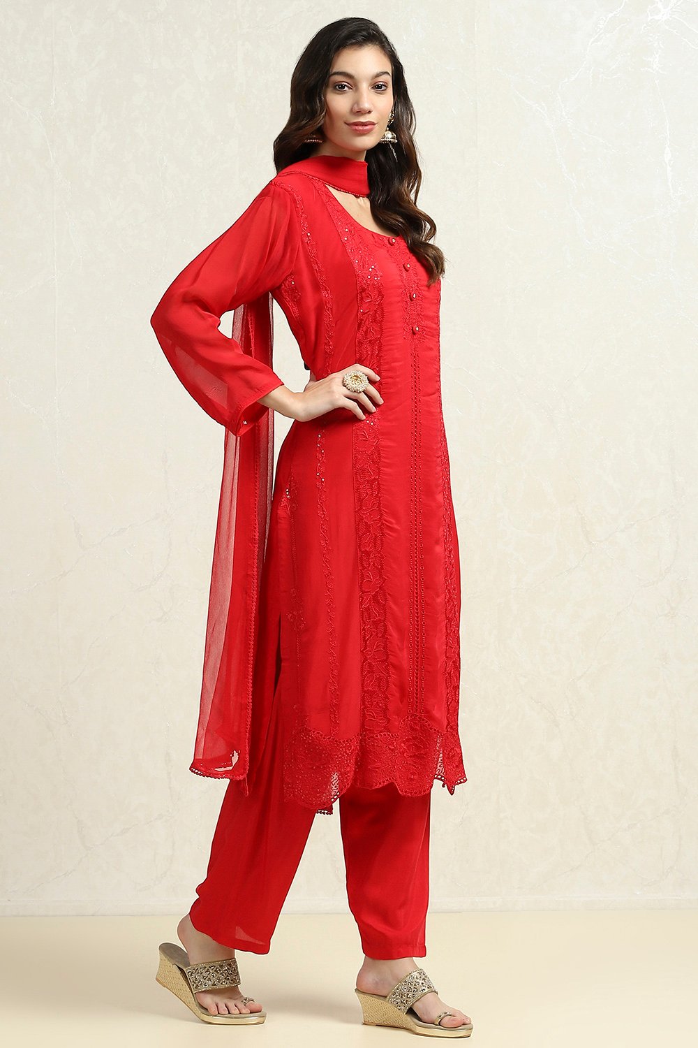 Red Organza Embroidered Unstitched Suit Set image number 6