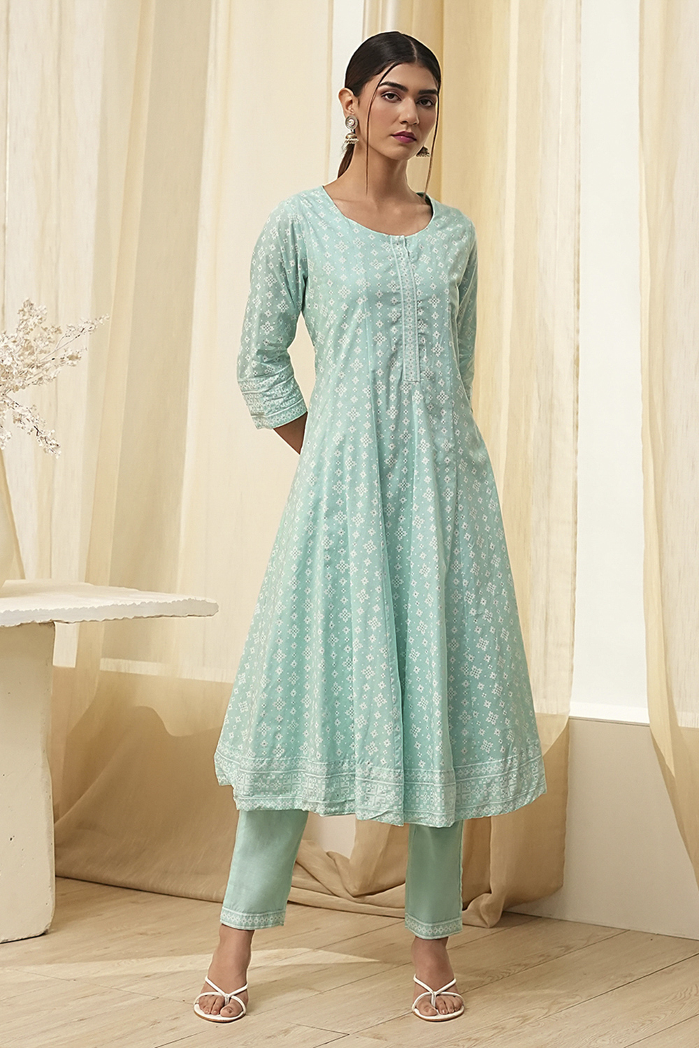 Aqua Pure Cotton Printed Kalidar Suit Set image number 6