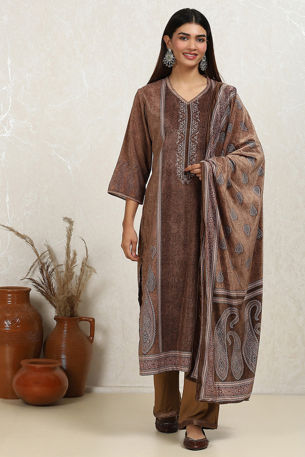 Brown Velvet Digital Print Unstitched Suit Set image number 7