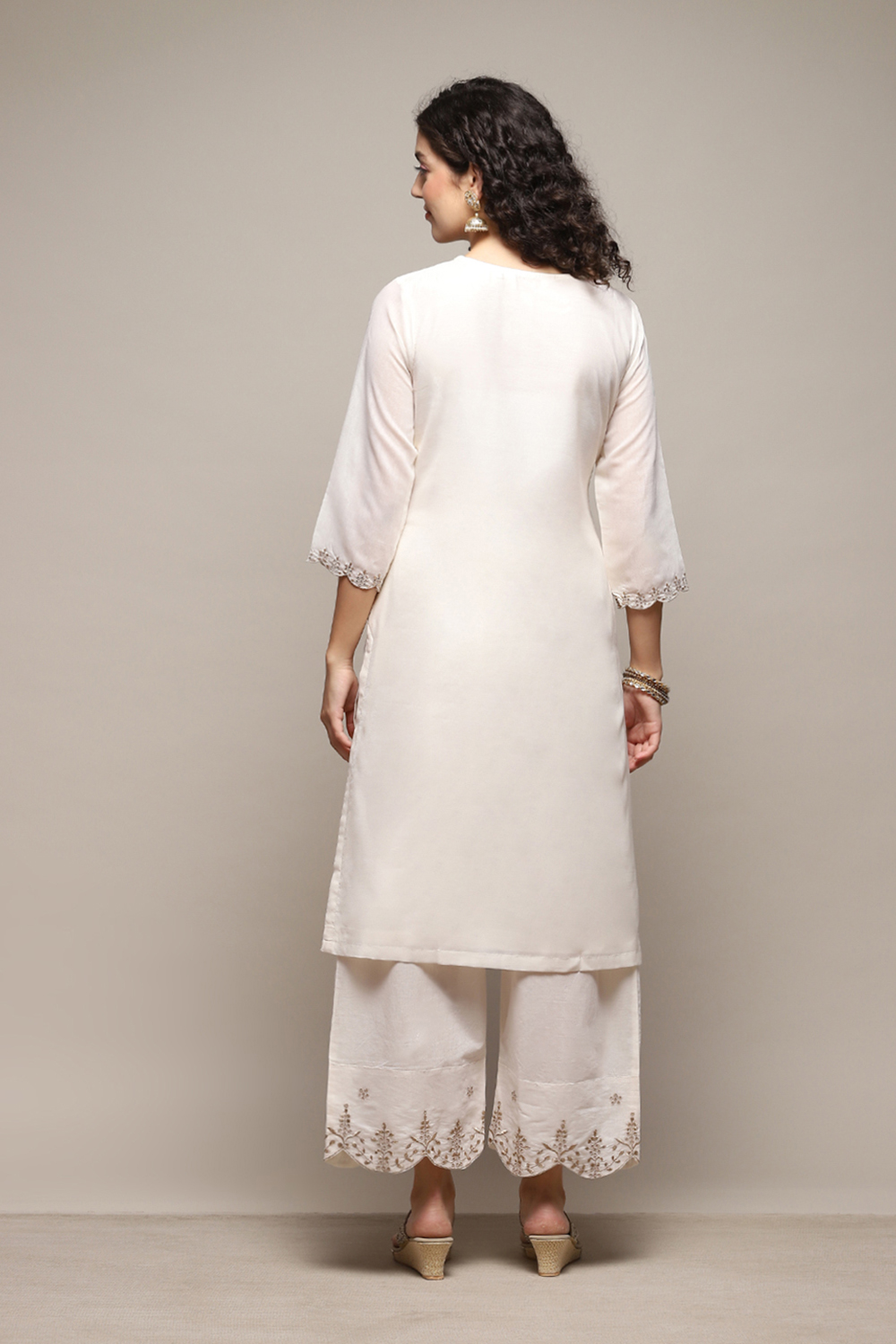 Off White Poly Cotton Straight Kurta Palazzo Suit Set image number 5