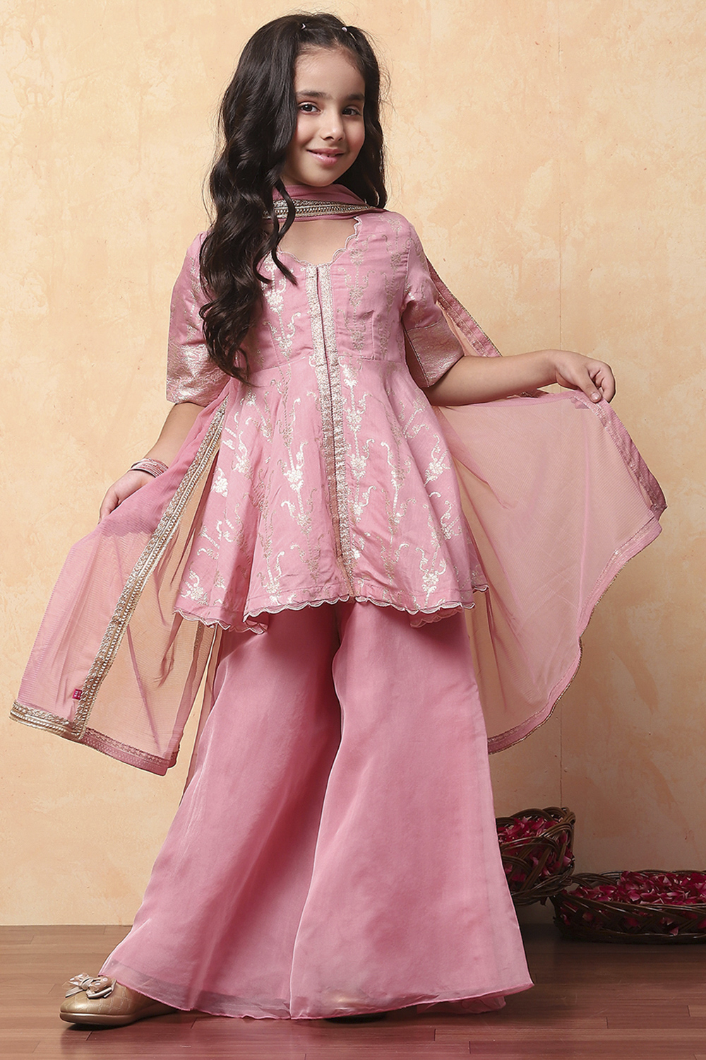 Pink Viscose Chanderi Printed Festive Flared Suit Set image number 0