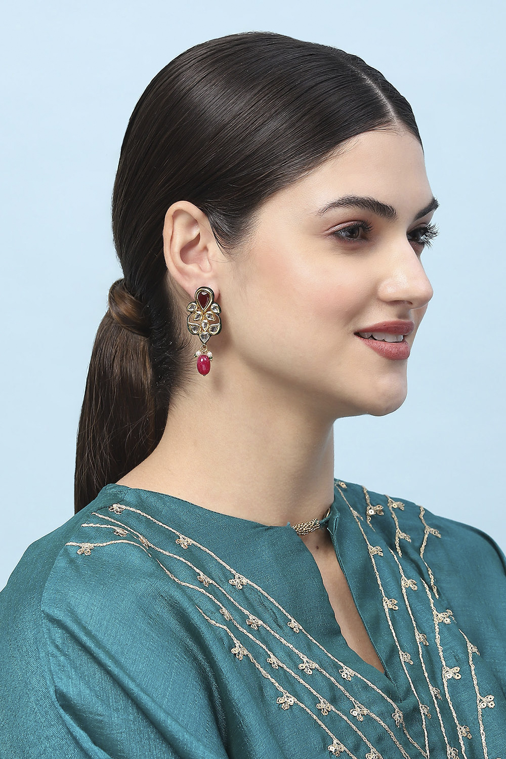 Red Kundan Festive Drop & Danglers image number 1