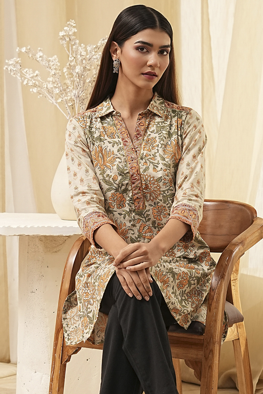 Honey Beige Cotton Floral Short Straight Kurta image number 0