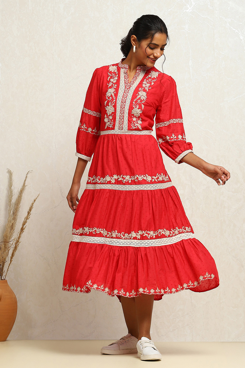 Cherry Red Pure Cotton Embroidered Tiered Dress image number 0