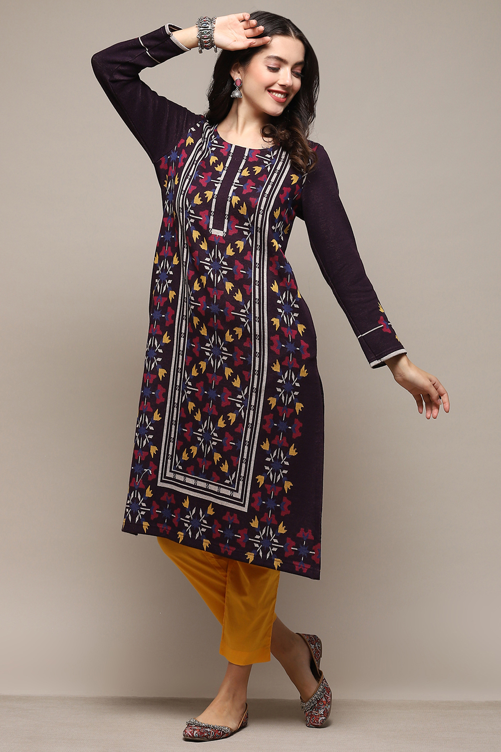 Pink & Purple Poly Cotton Straight Yarndyed Kurta at Biba India