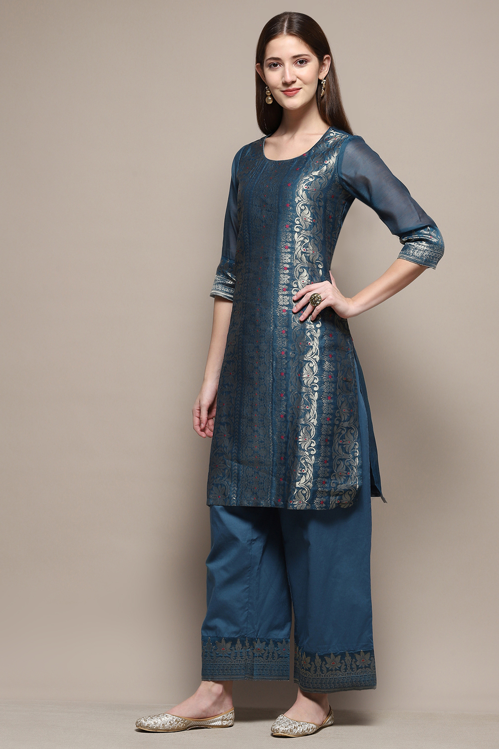 Blue Cotton Blend Straight Kurta Palazzo 2 Piece Set image number 3