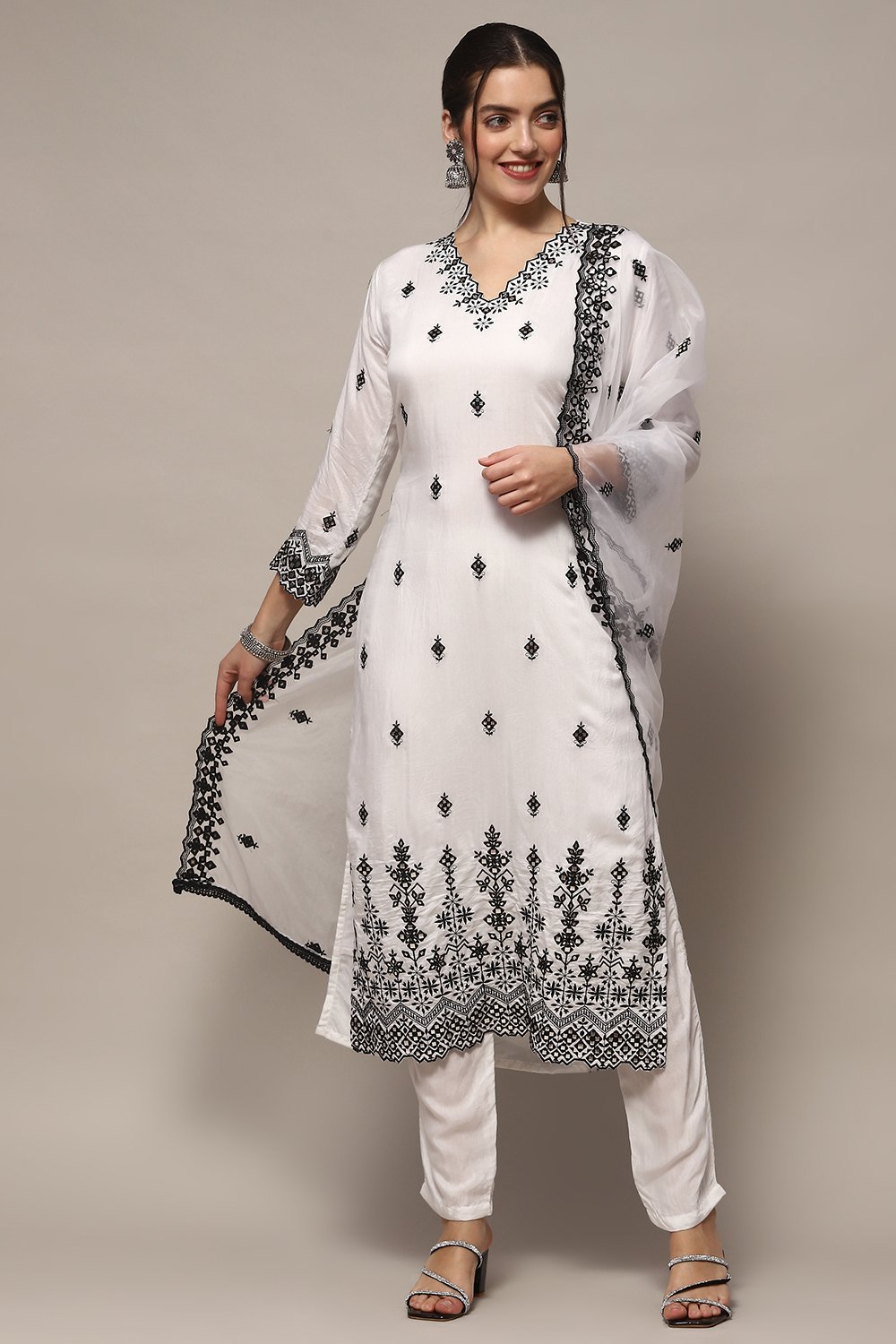 Off White Muslin Unstitched Suit set image number 1