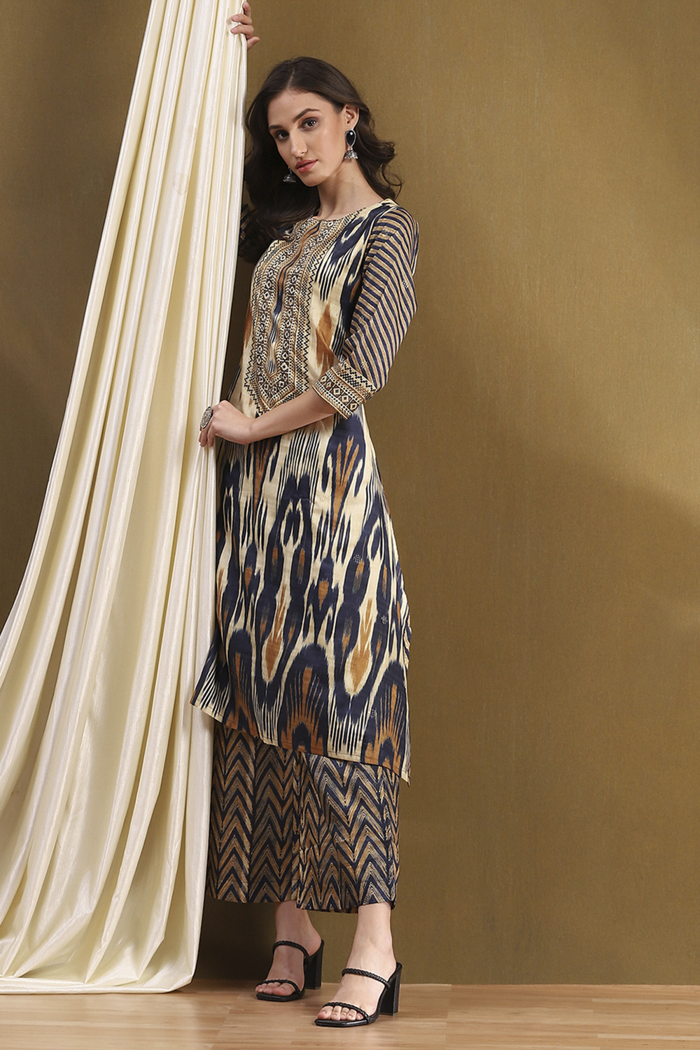 Beige Polyester Blend Asymmetric Kurta Set image number 0