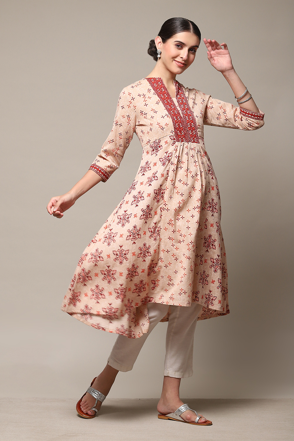 Pink Cotton Blend A-Line Printed Kurta image number 3