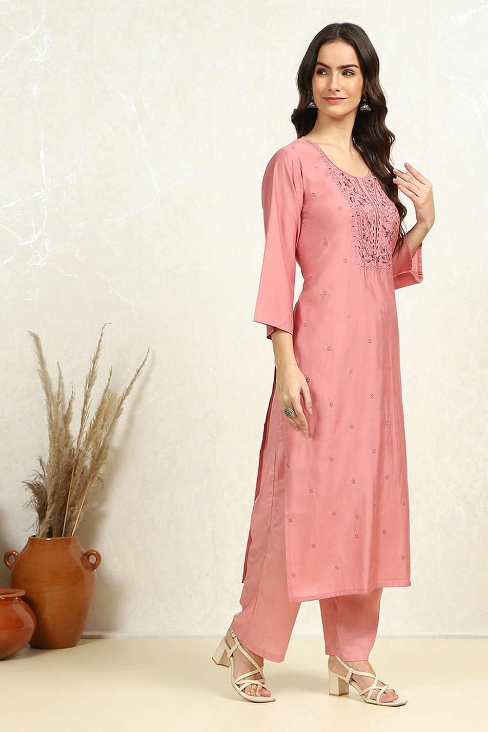 Pink Silk Blend Embroidered Unstitched Suit Set image number 6