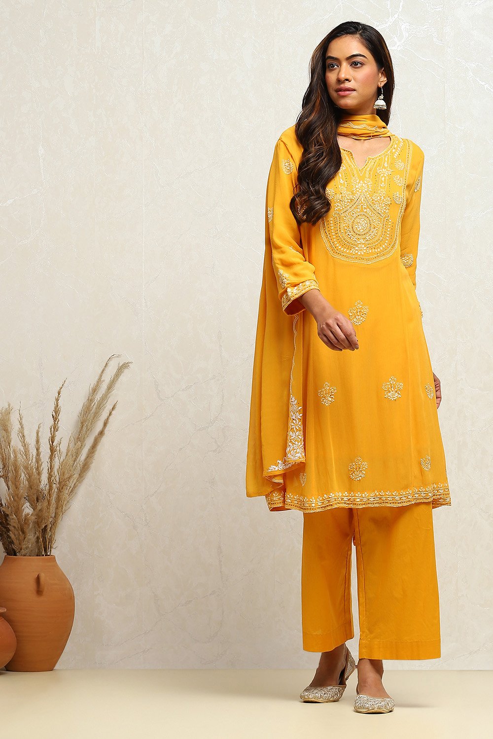 Yellow Embroidered Kalidar Suit Set image number 0