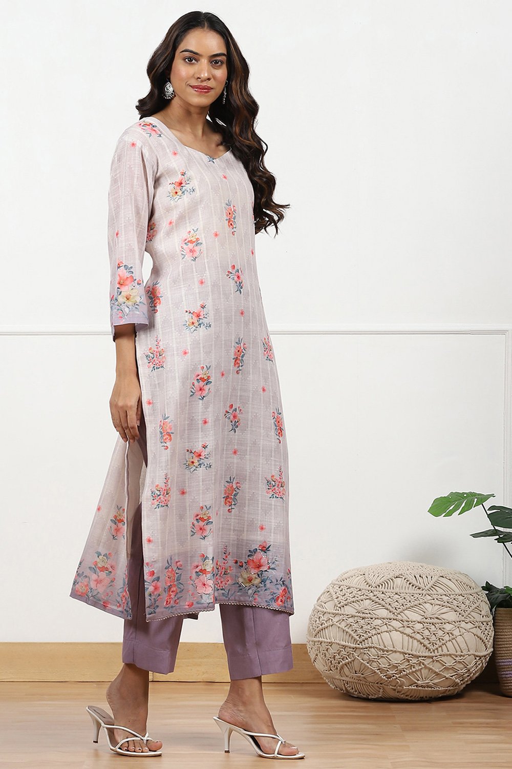 Beige Linen Floral Printed Unstitched Suit Set image number 5