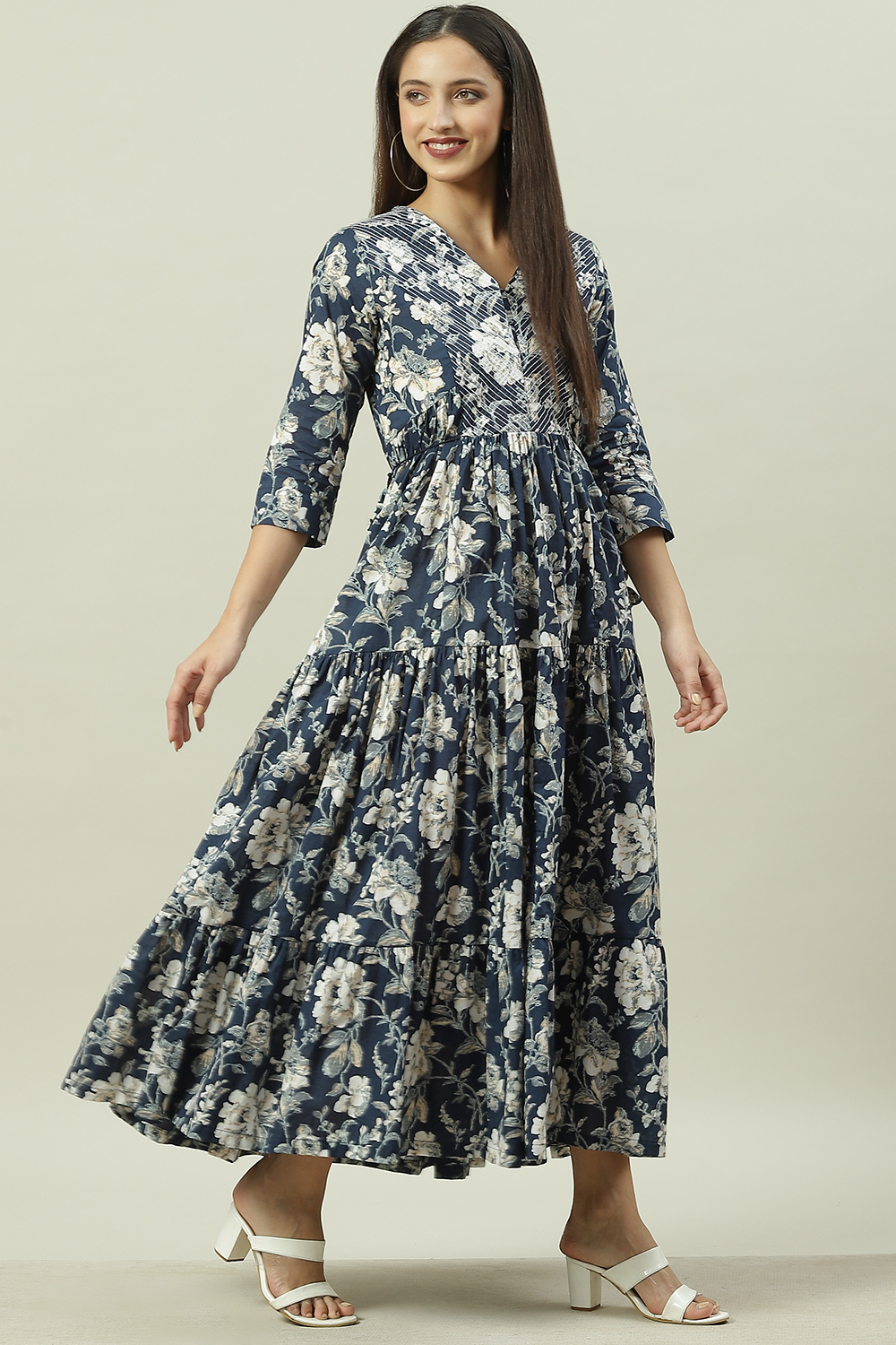 Navy Cotton Tiered Printed Dress image number 2