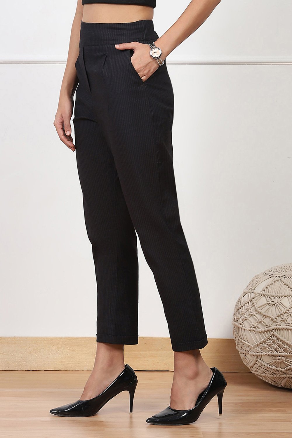 Black Striped Tapered Relaxed Fit Pants image number 2