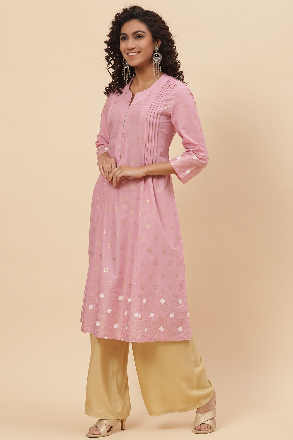 Pink Cotton A Line Kurta image number 2