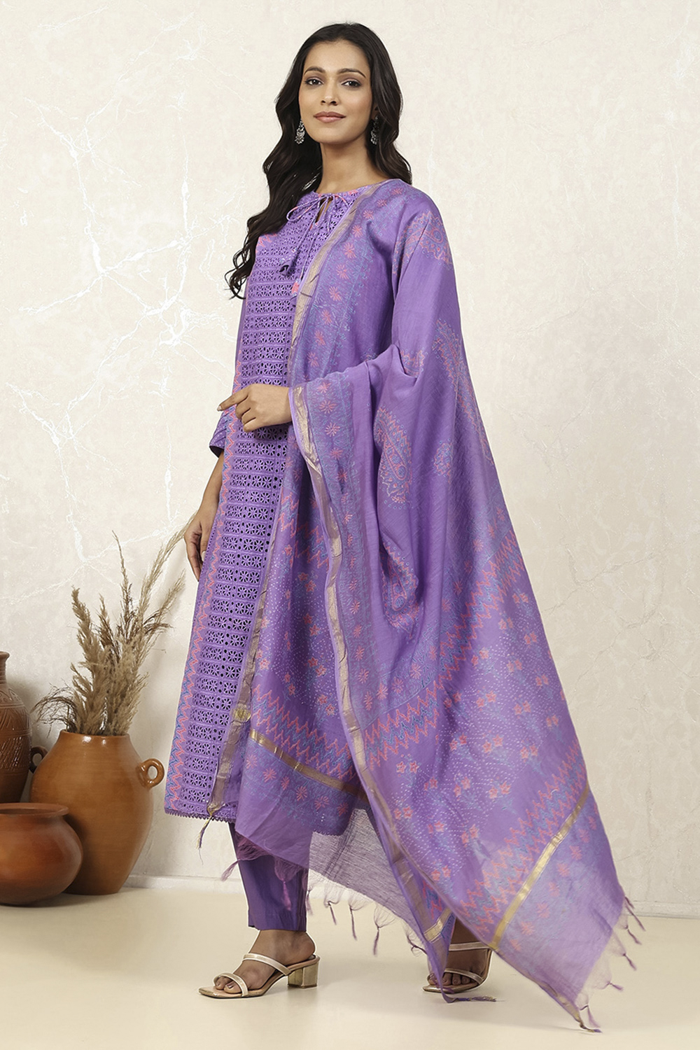 Purple Cotton Schiffli Unstitched Suit Set image number 4