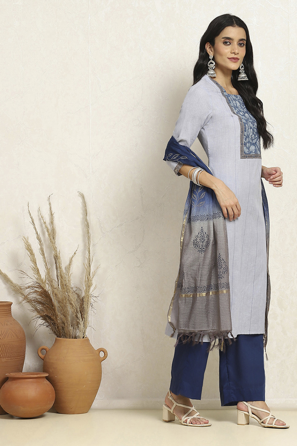 Dark Blue Flex Cotton Handloom Unstitched Suit Set image number 6