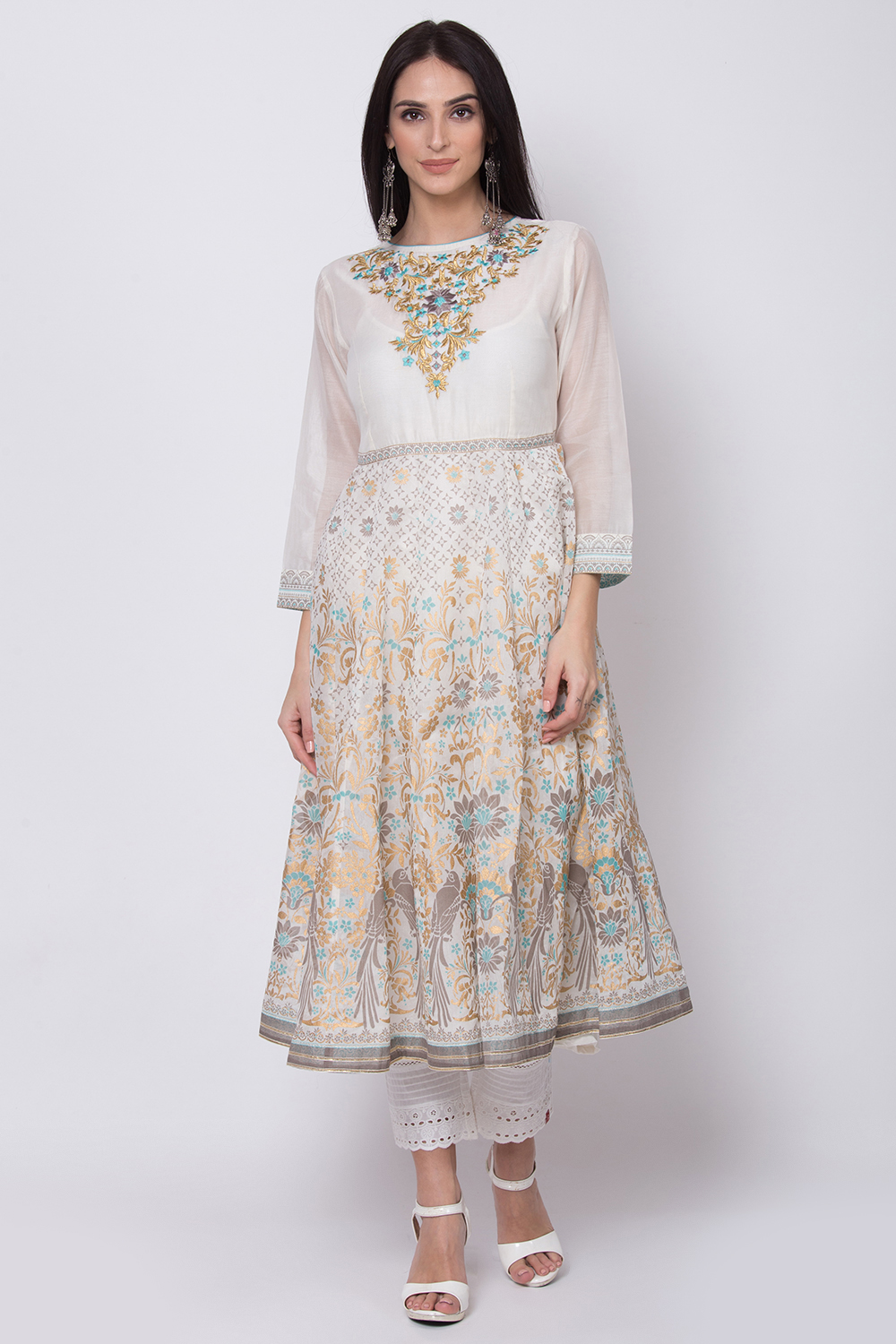 Off White Poly Cotton Anarkali Printed Kurta image number 0