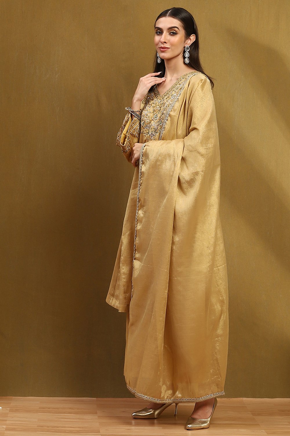 Gold Cotton Kalidar Suit Set image number 3