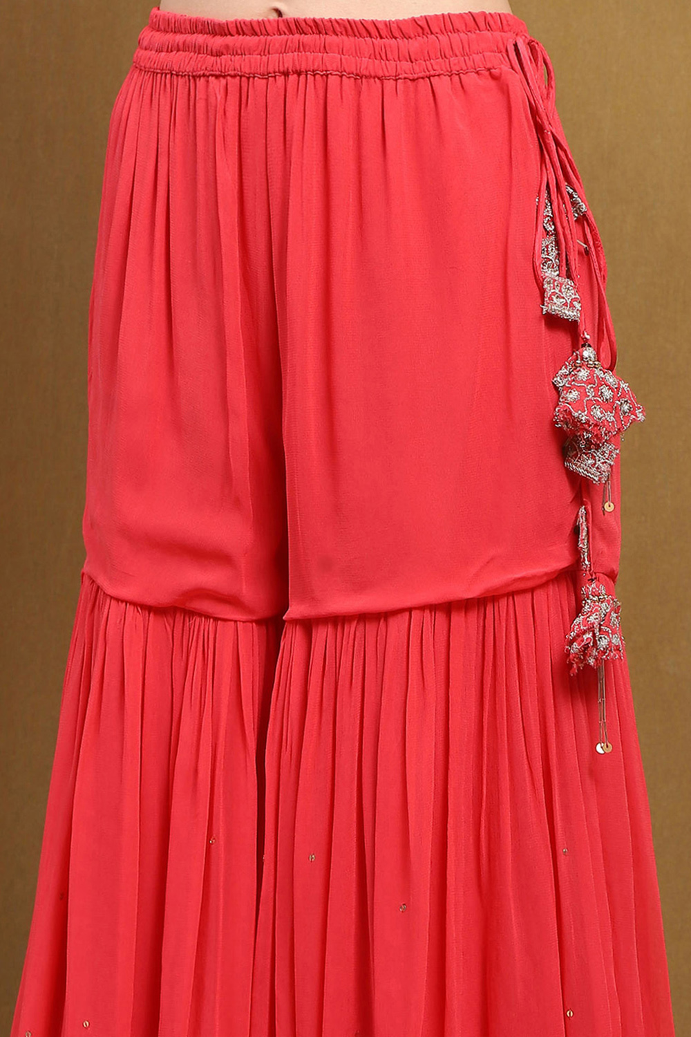 Coral Red Viscose Georgette Festive Straight Suit Set image number 2