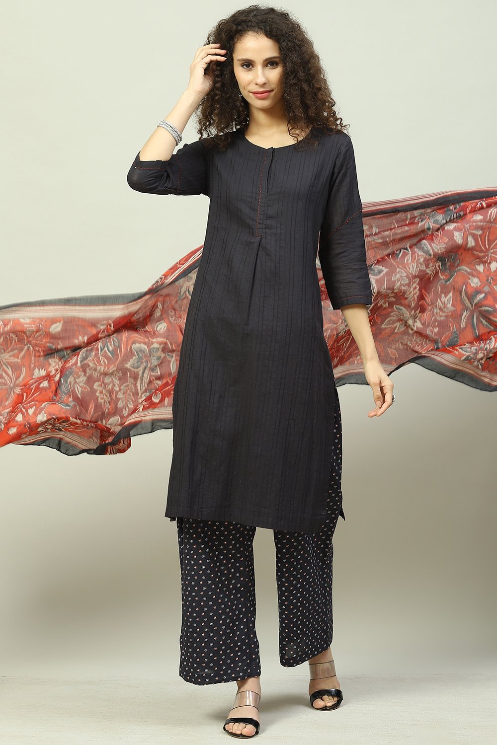 Black Cotton Straight Kurta Palazzo Suit Set image number 7