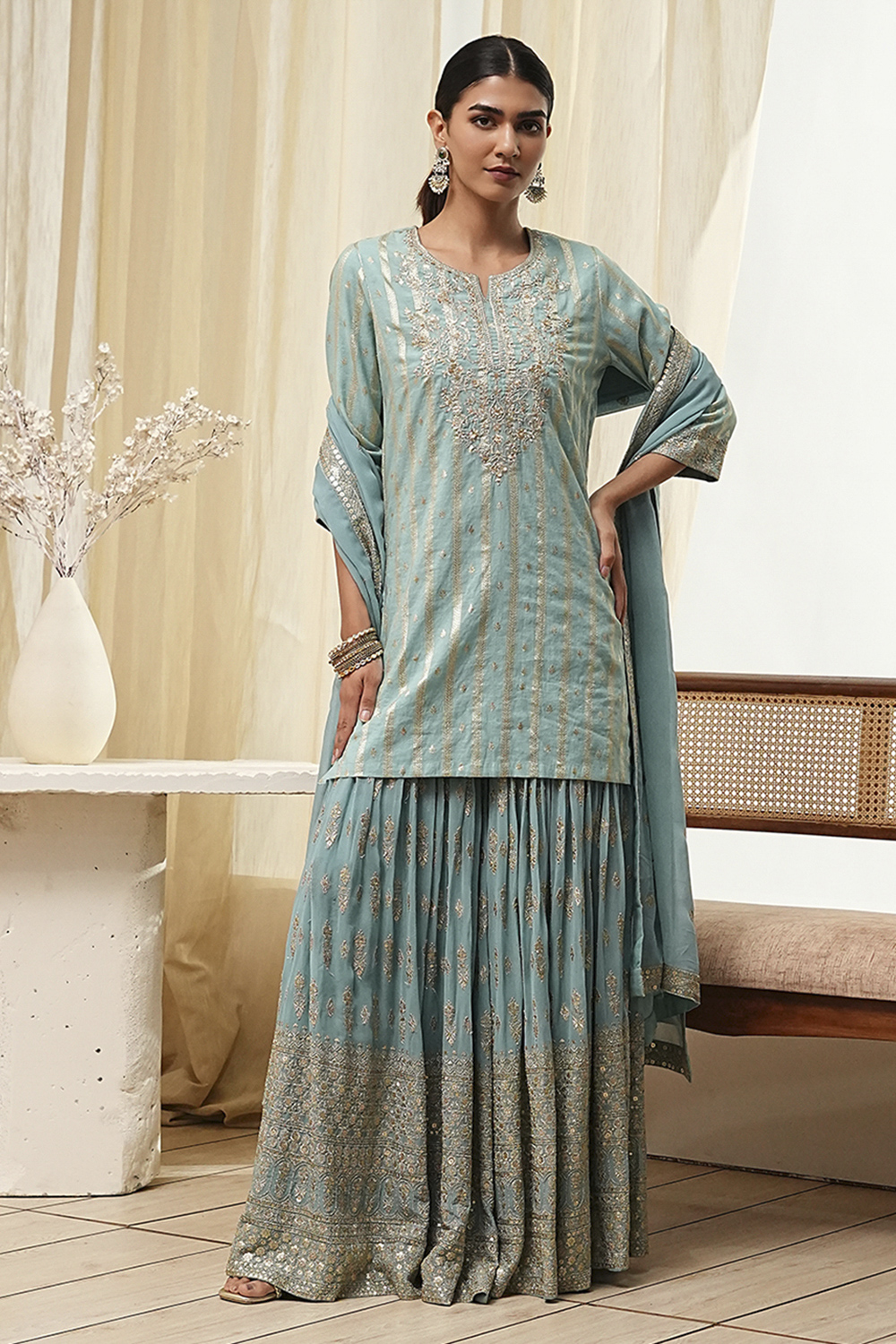 Powder Blue Embroidered Straight Suit Set image number 7