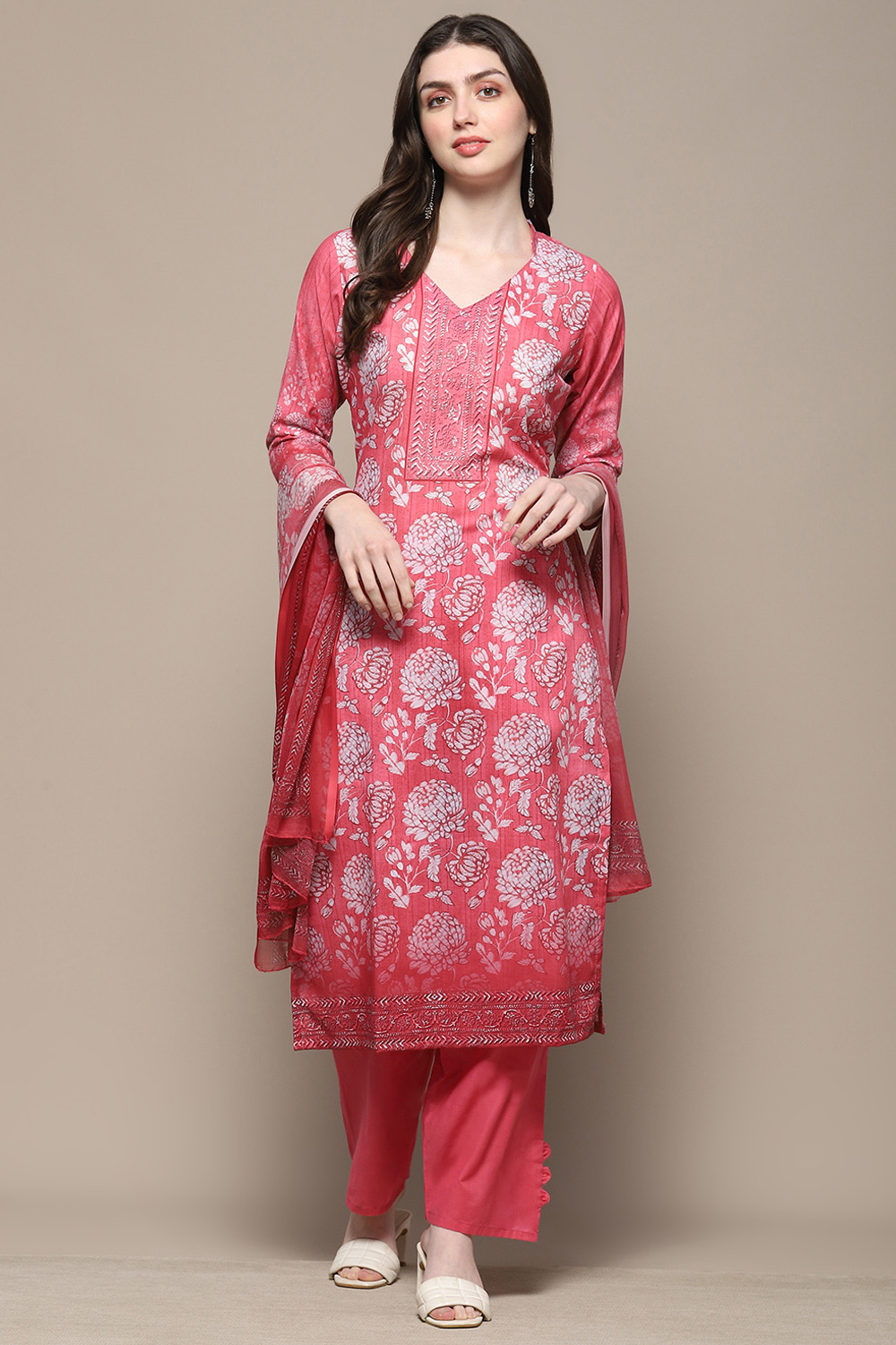 Blue Cotton Blend Floral Digital Print Unstitched Suit Set image number 1