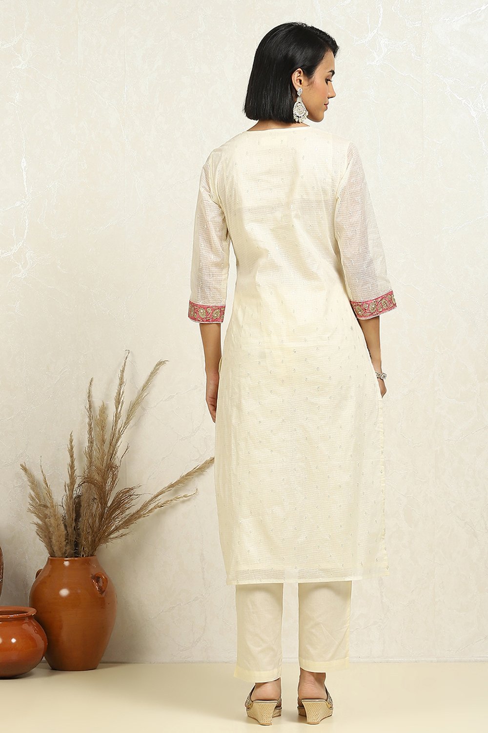 White Cotton Blend Hand Block Print Unstitched Suit Set image number 5