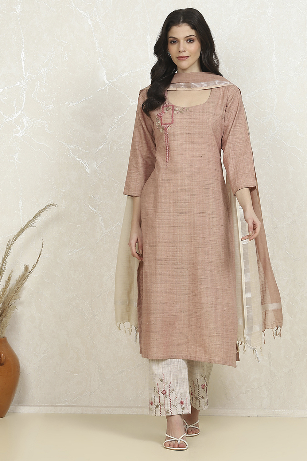 Beige Linen Hand Embroidered Unstitched Suit Set image number 7