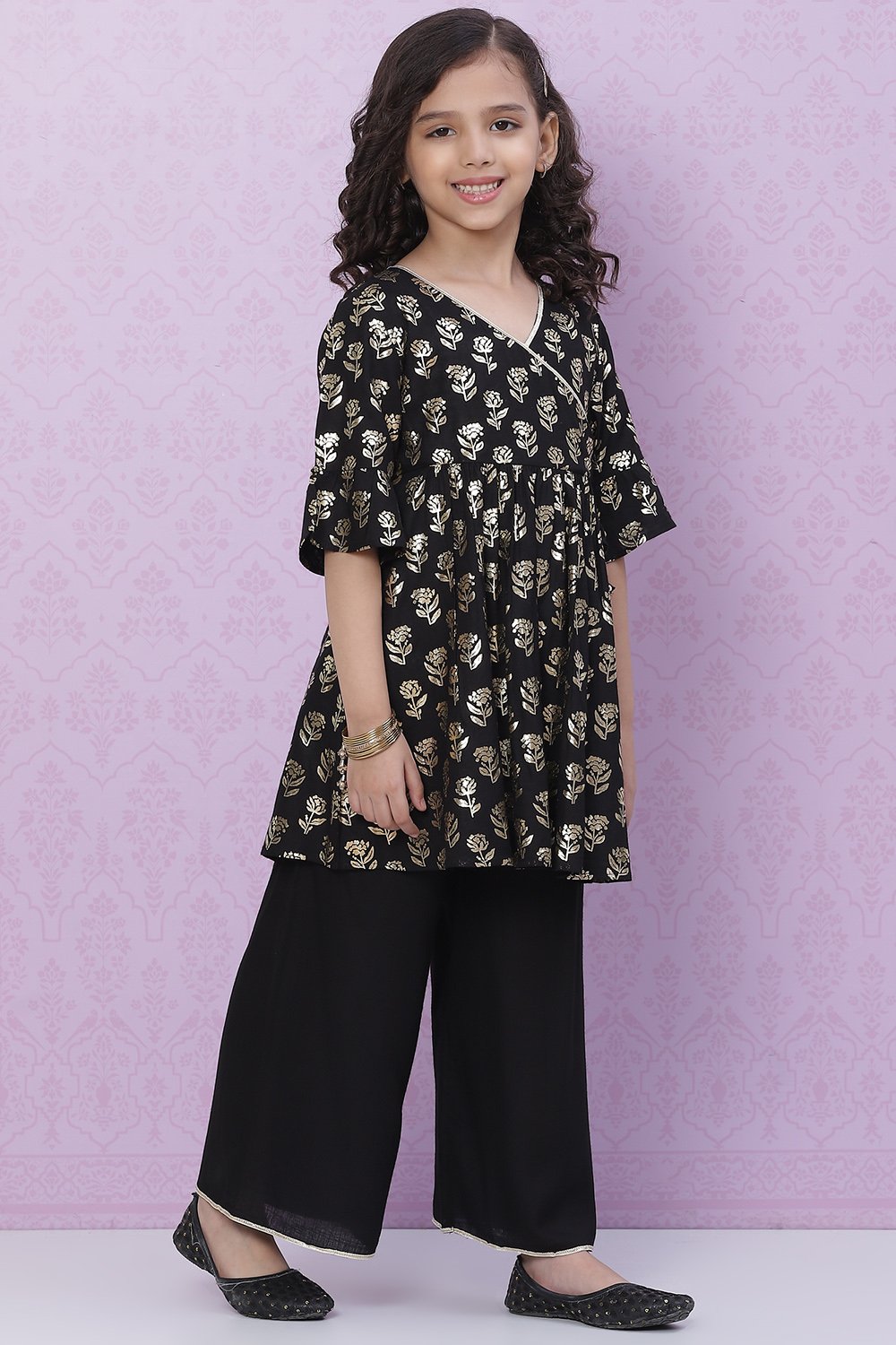 Black Rayon Flared Printed kurta Set image number 3