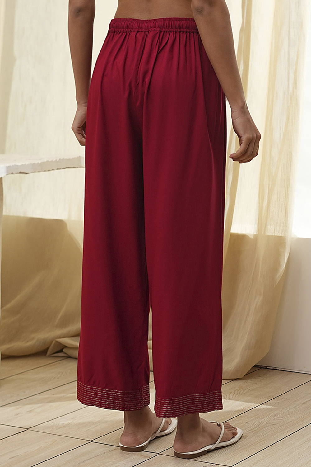 Red Viscose Rayon Solid Straight Palazzo image number 5