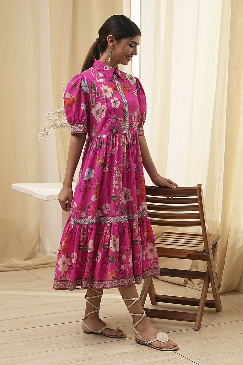 Pink Cotton Floral Printed Tiered Dress image number 0