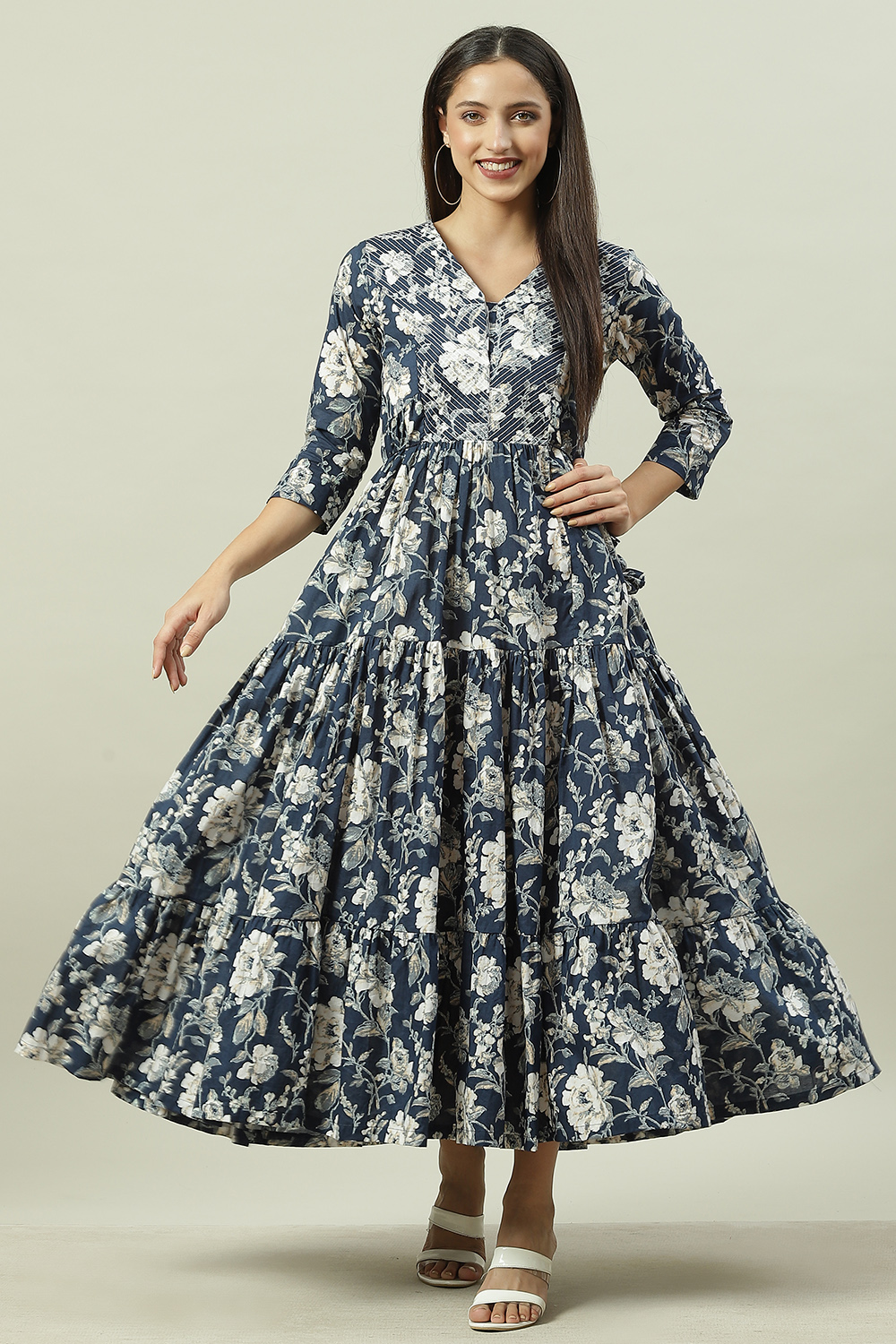 Navy Cotton Tiered Printed Dress image number 0