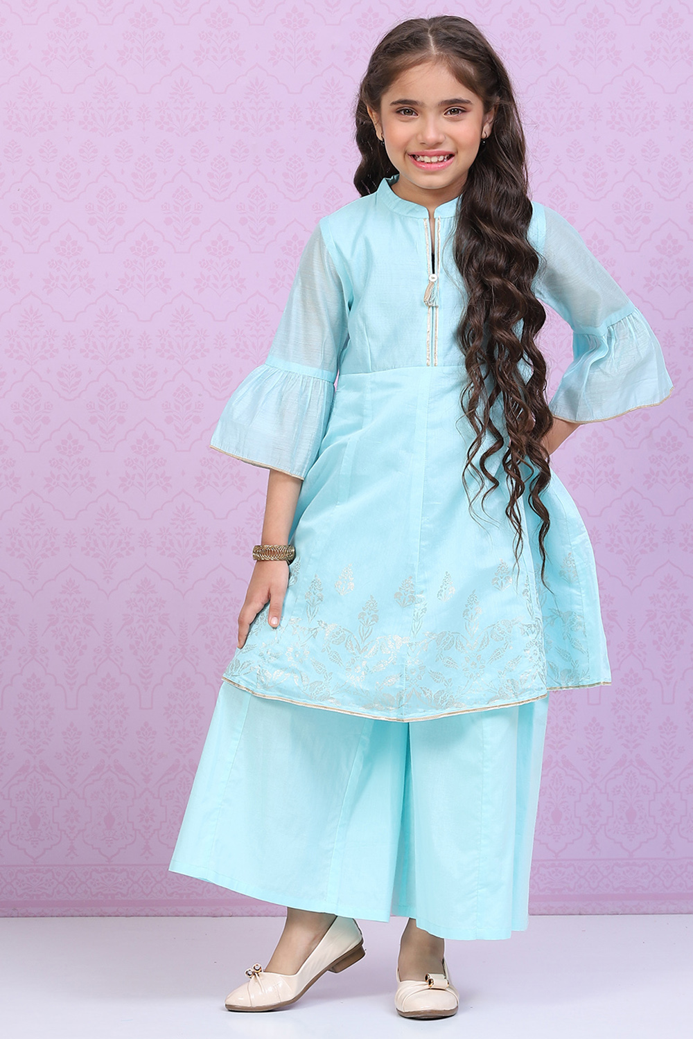 Sky Blue Art Silk Kalidar Printed Kurta Set image number 0