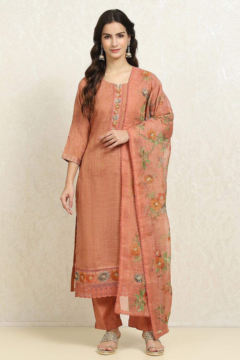 Grey Linen Blend Printed  Embroidered Unstitched Suit Set image number 7