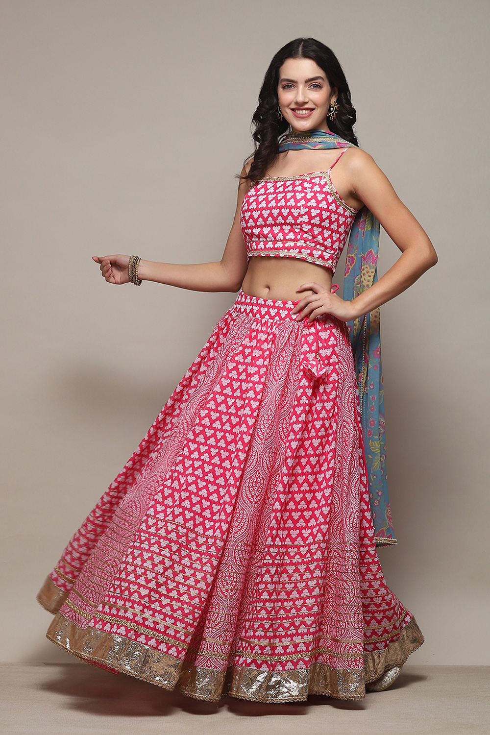 Pink Poly Cotton Straight Kurta Lehenga Set image number 4