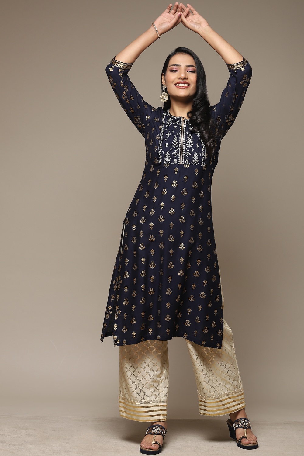 Navy Blue Rayon Straight Kurta Palazzo Suit Set image number 0