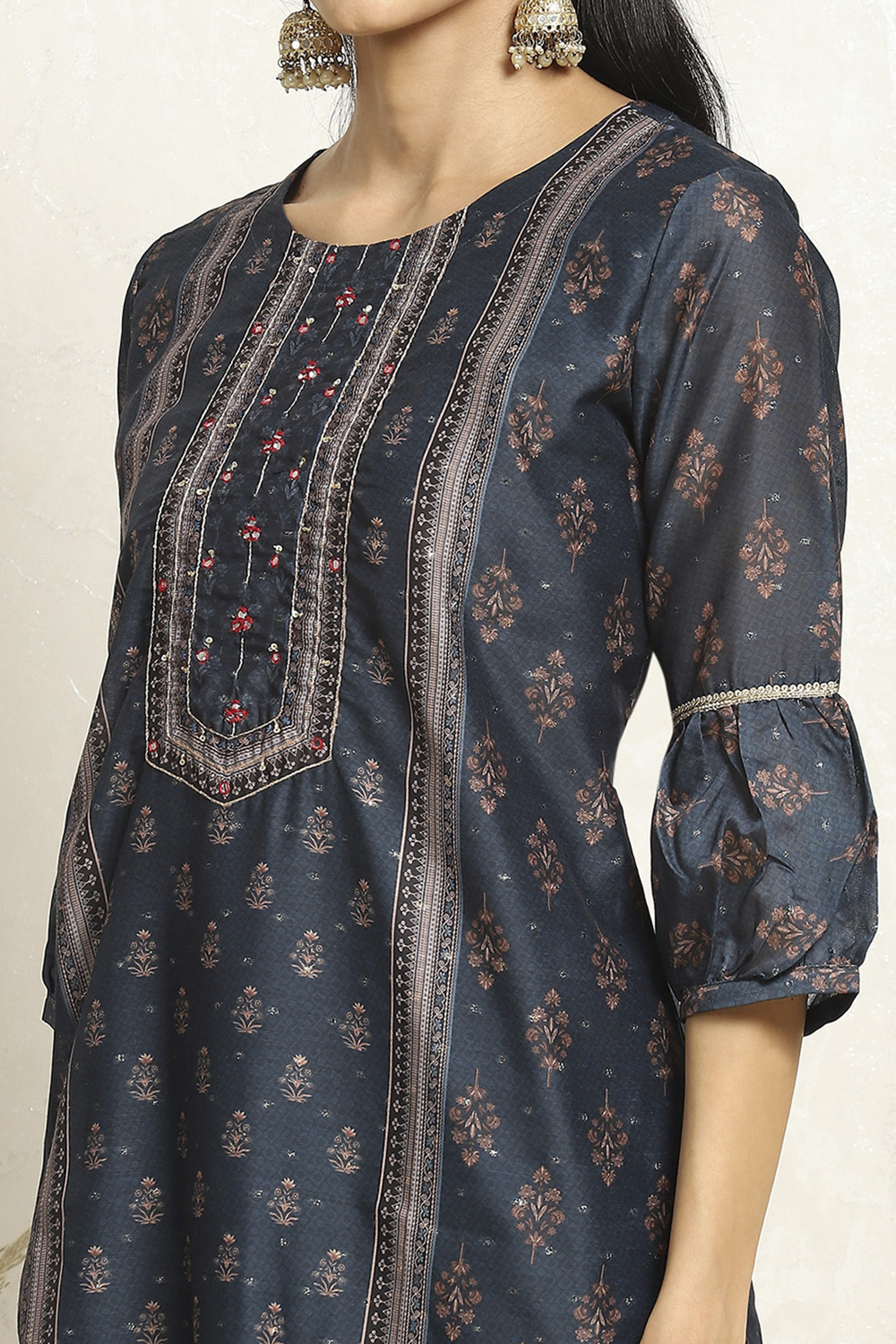 Blue Chanderi Floral Printed Festive Unstitched Suit Set image number 2