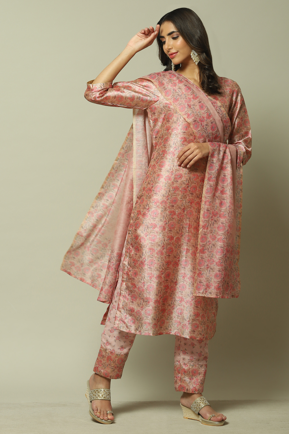 Pink Cotton Digital Print Unstitched Suit Set image number 0