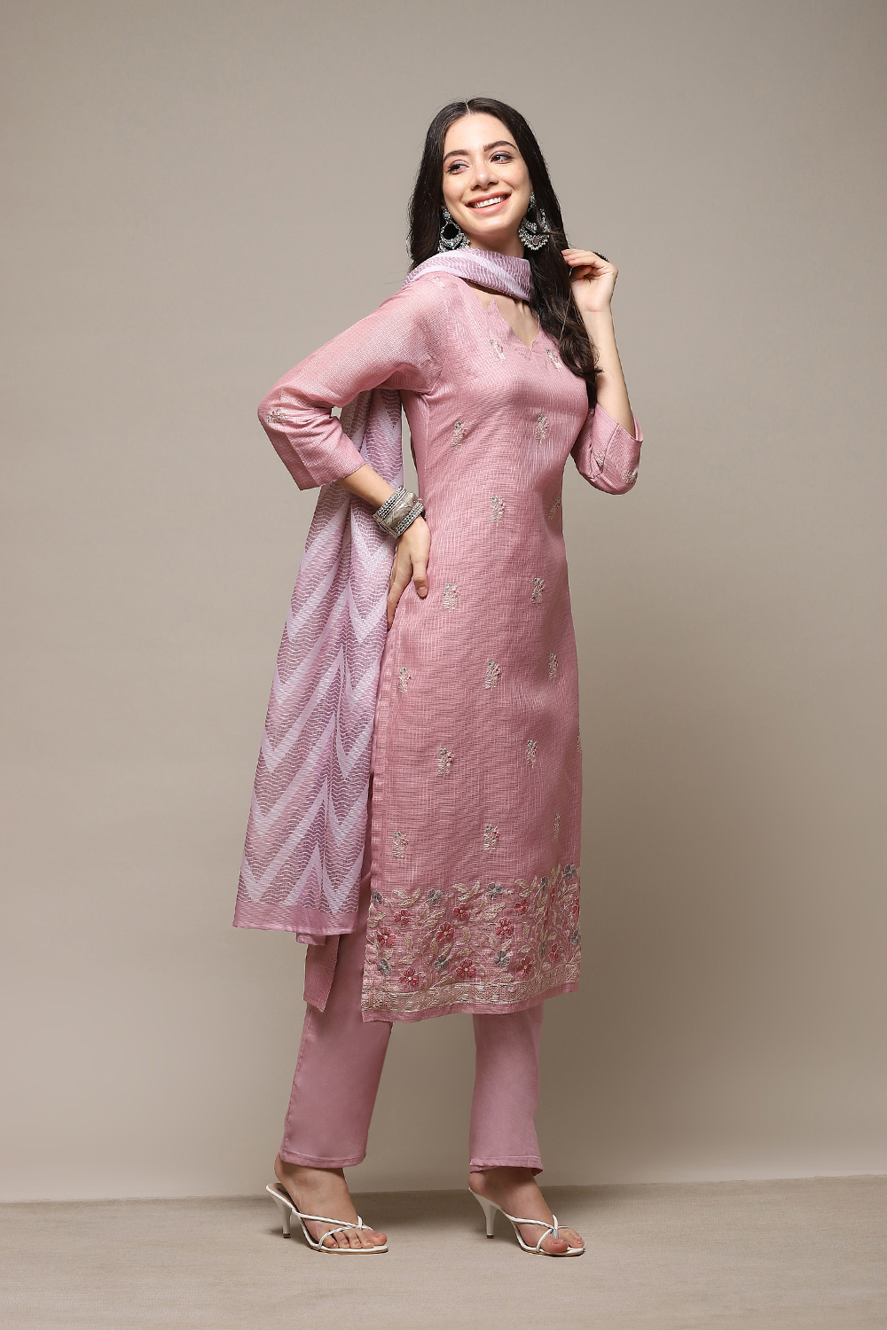 Pink Cotton Blend Printed Unstitched Suit Set image number 7