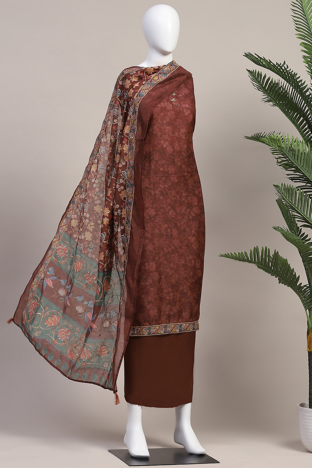 Grey Chanderi Hand Embroidered Unstitched Suit Set image number 5