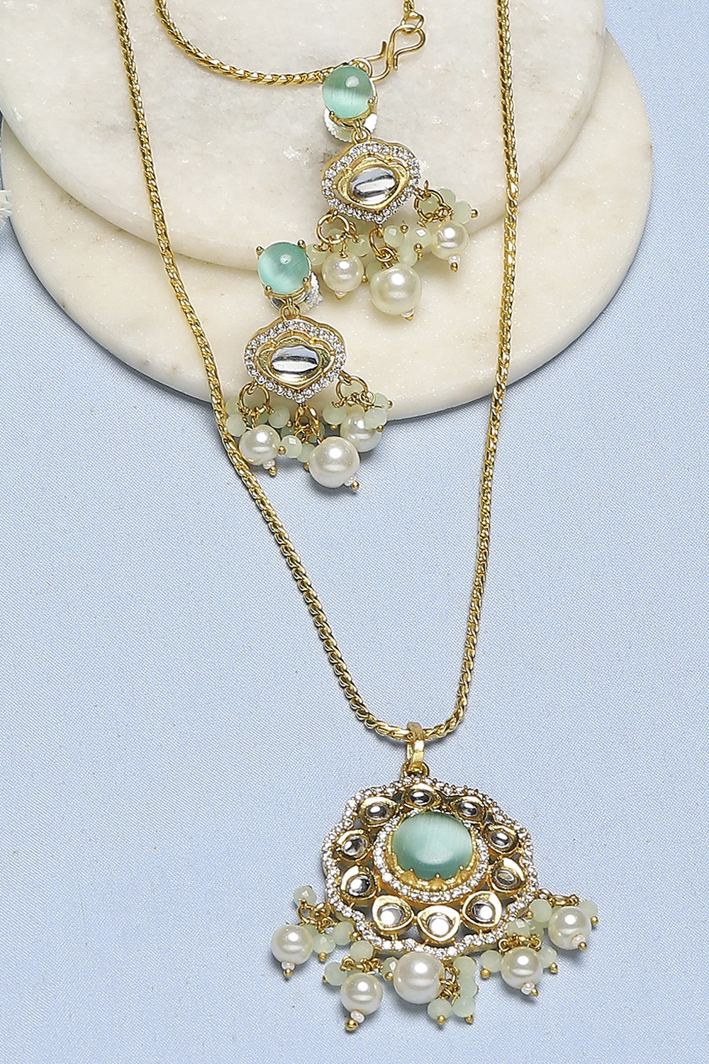 Mint Green Brass Necklace Set image number 4