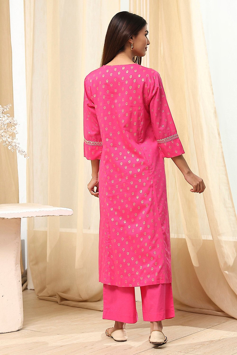 Fuchsia Cotton Printed Gathered Suit Set image number 4