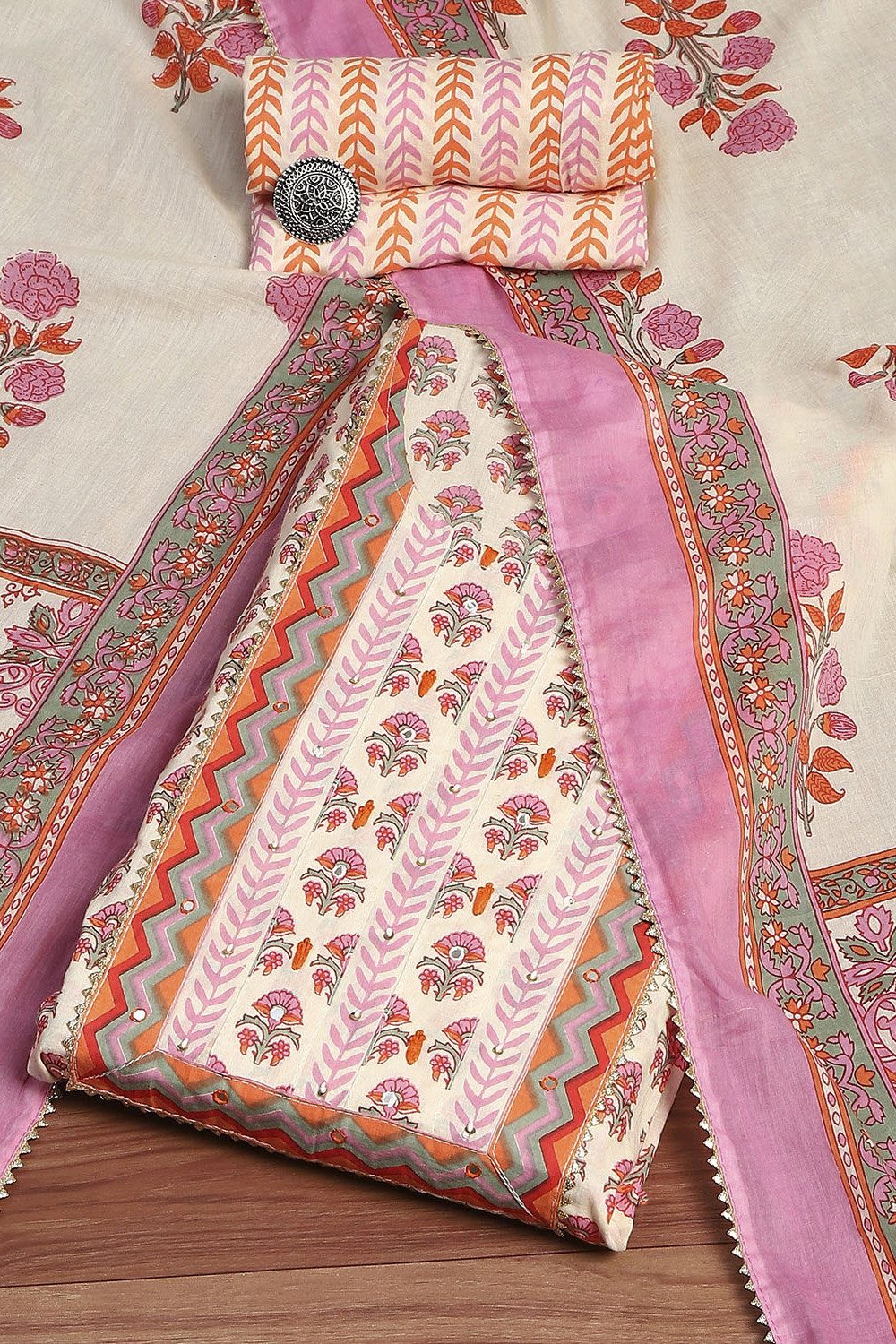 White and Pink Cotton Printed Unstitched Suit Set image number 0