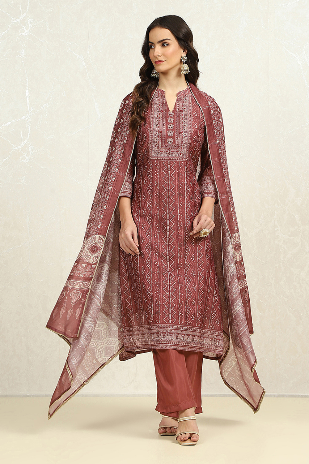 Maroon Chanderi Machine Embroidered Unstitched Suit Set image number 1